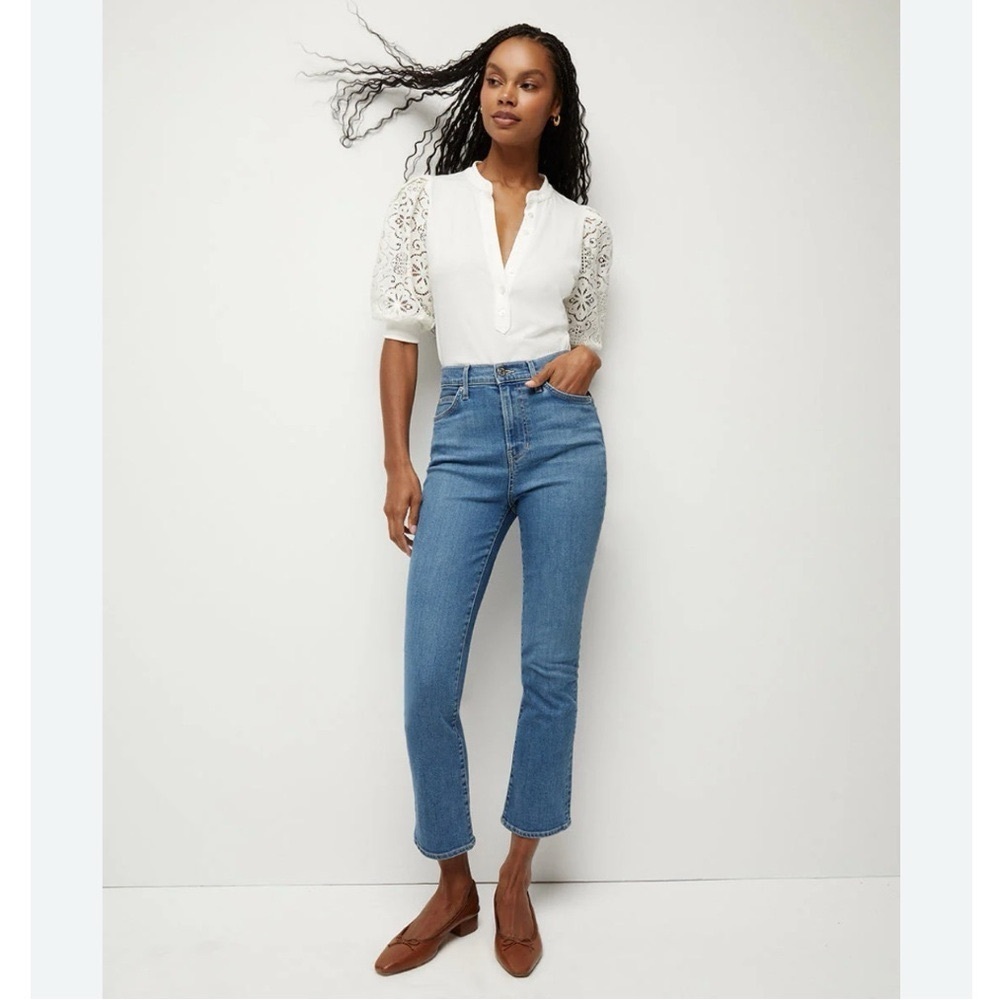 NEW Veronica Beard Women’s Carly Kick Flare Crop High Rise Jeans in Blue - Picture 2 of 9